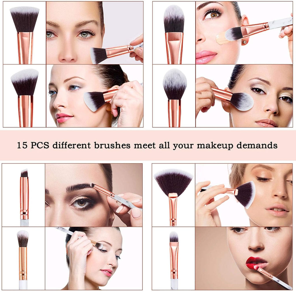 15-Piece Premium Marble Makeup Brush Set with Synthetic Kabuki Brushes for Powder, Blush, Contour, Foundation, Concealer, and Eyeshadow, Includes Makeup Sponge