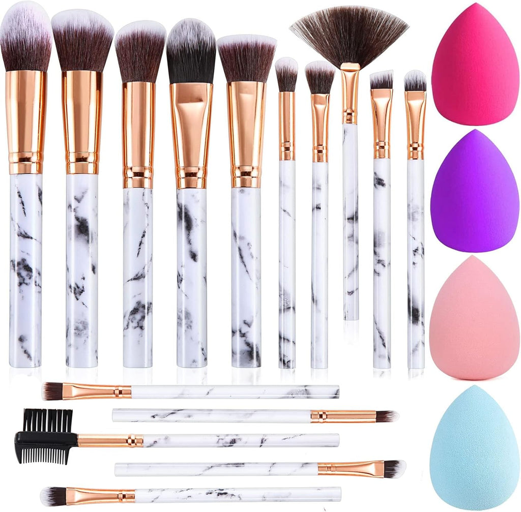 15-Piece Premium Marble Makeup Brush Set with Synthetic Kabuki Brushes for Powder, Blush, Contour, Foundation, Concealer, and Eyeshadow, Includes Makeup Sponge