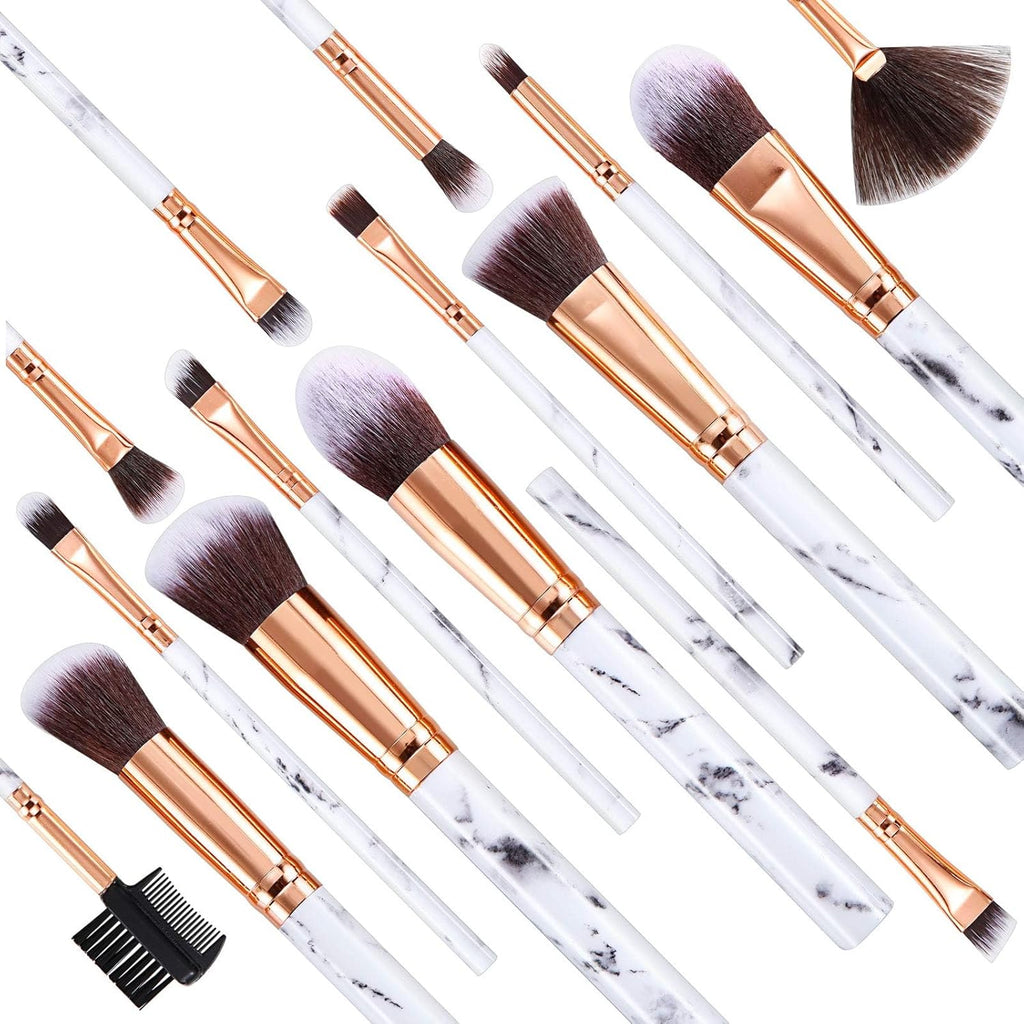 15-Piece Premium Marble Makeup Brush Set with Synthetic Kabuki Brushes for Powder, Blush, Contour, Foundation, Concealer, and Eyeshadow, Includes Makeup Sponge